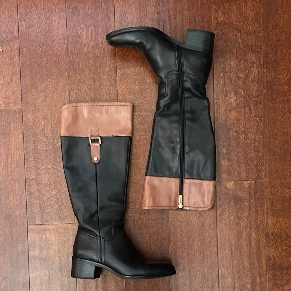 Franco Sarto Lizbeth Black Knee Boots with Brown Trim & Buckle Detail, Size 7.5